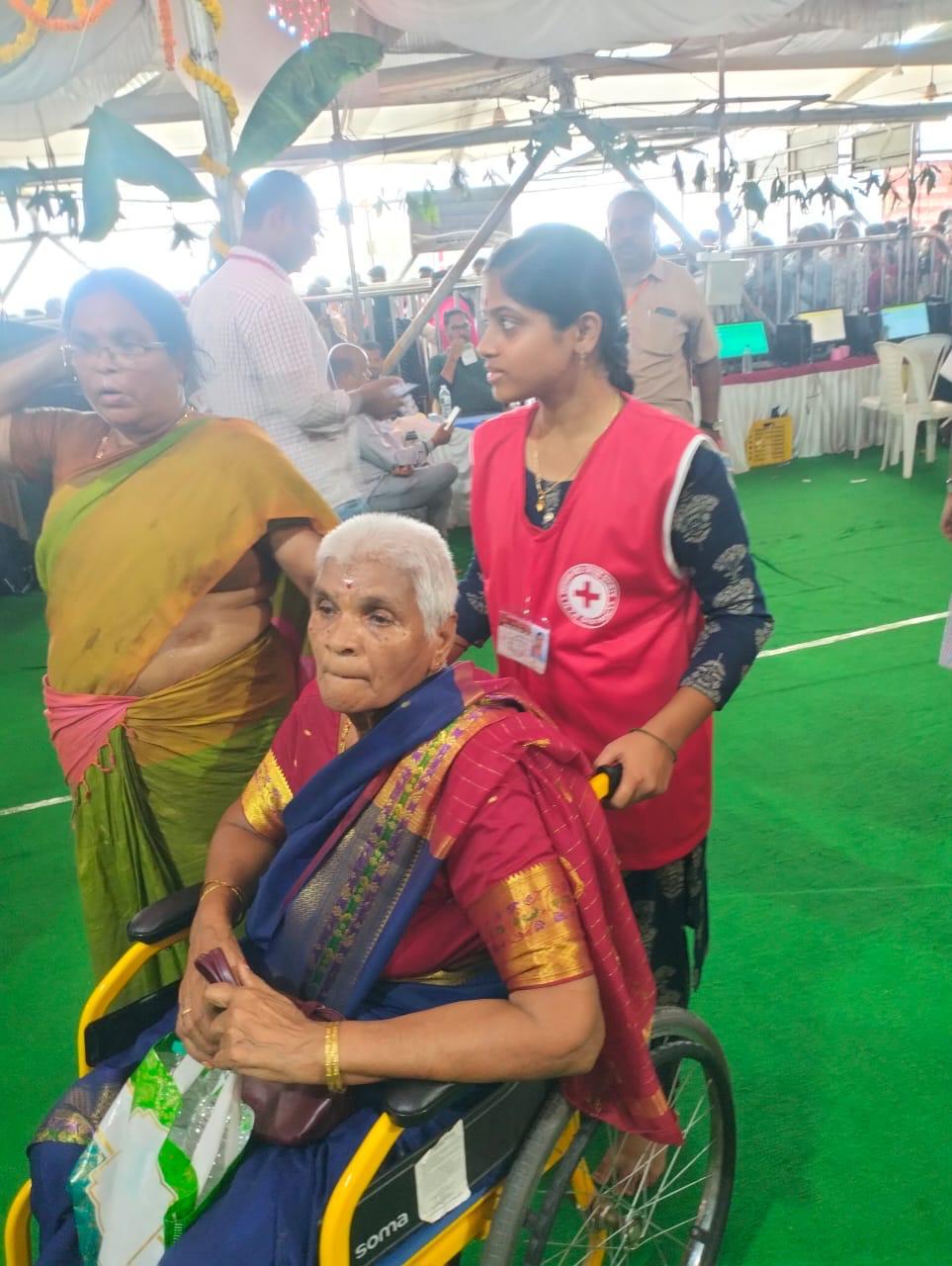 75 Youth Red Cross volunteers are rendering humanitarian services round the clock  in three shifts at Goddess Kanaka Durga Temple Indrakeeladri, Vijayawada.