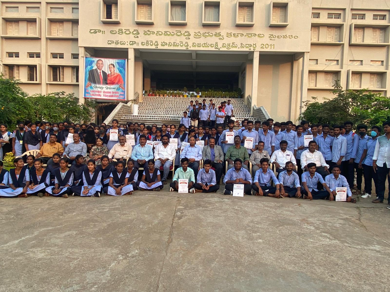 Donor Dr. Lakireddy Hanimireddy visited the college and congratulated NSS and Youth Red Cross volunteers who rendered services at Velvadam village recently. He gave away certificates to volunteers on 21-2-2022