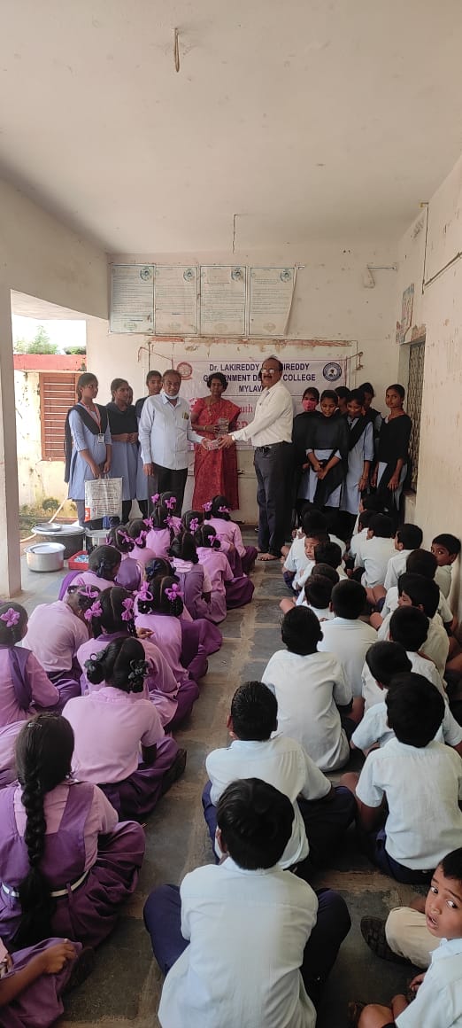 YOUTH RED CROSS  The YRC Volunteers of our college conducted awareness on hygiene of hands for children studying in Elementary Schools in Mylavaram. They distributed soups to be placed at toilets and drinking water points.  The YRC Coordinator of the