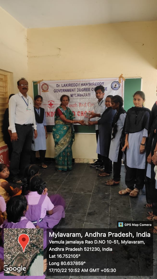 YOUTH RED CROSS  The YRC Volunteers of our college conducted awareness on hygiene of hands for children studying in Elementary Schools in Mylavaram. They distributed soups to be placed at toilets and drinking water points.  The YRC Coordinator of the