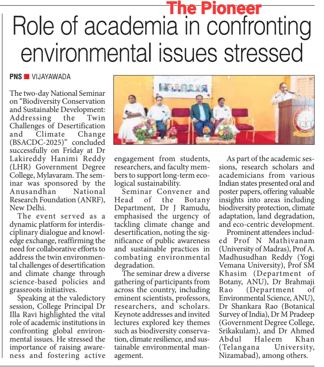DEPT. OF BOTANY ANRF (SERB) SPONSORED TWO DAY NATIONAL SEMINAR ON "Biodiversity Conservation and Sustainable Development: Addressing the Twin Challenges of Desertification and Climate Change"