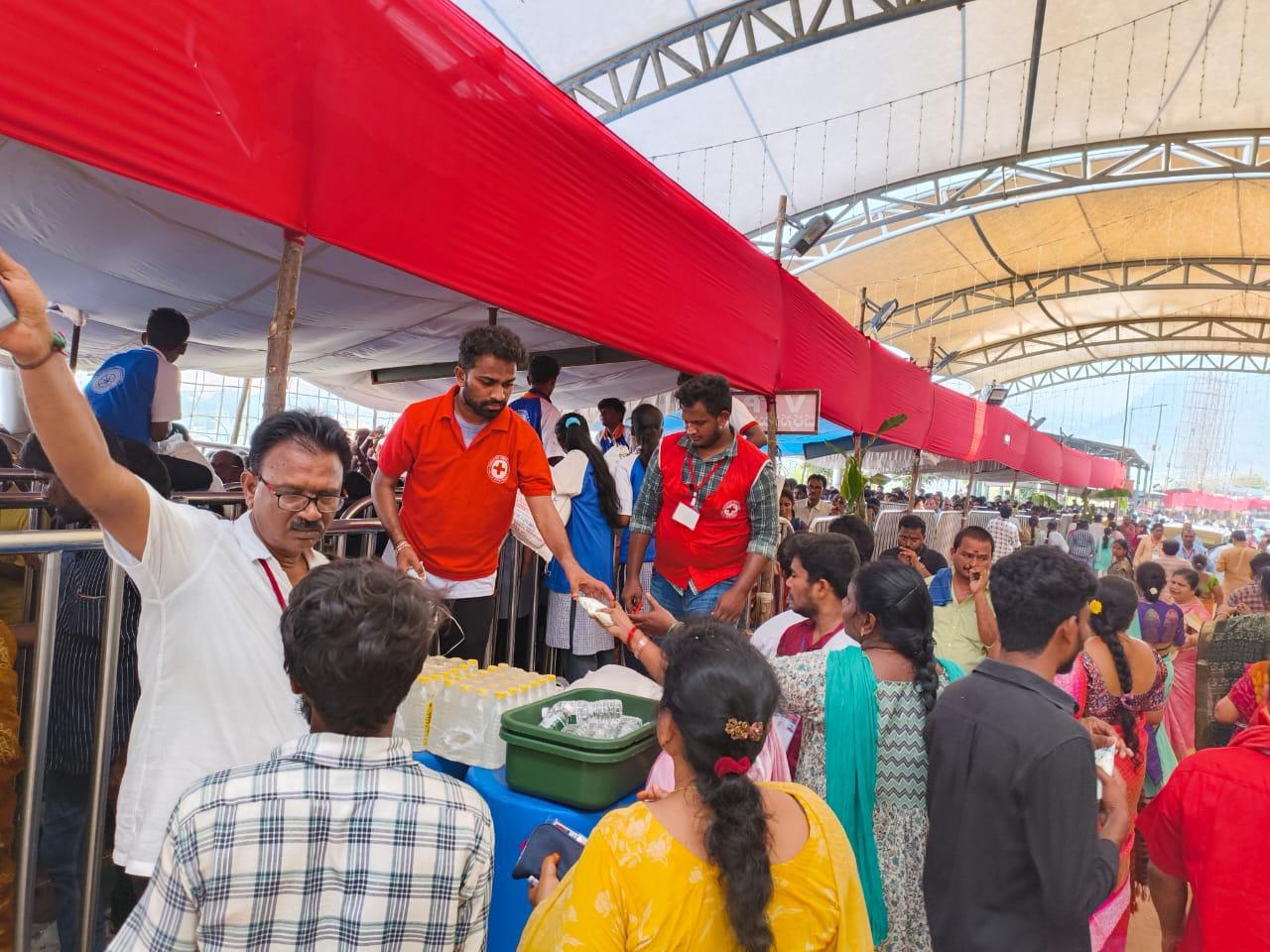 75 Youth Red Cross volunteers are rendering humanitarian services round the clock in three shifts at Goddess Kanaka Durga Temple Indrakeeladri, Vijayawada.
